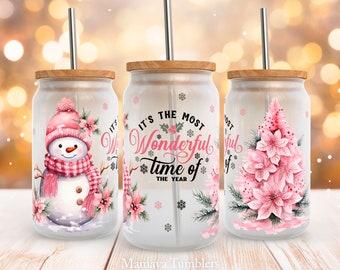 It&#39;s the most wonderful time of the year 16oz glass can sublimation design Snowman Christmas tree Flower Glass can wrap PNG wrap download