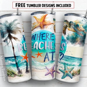 Summer 20oz skinny tumbler sublimation design Watercolor Sea beach Turtle Funny quote Starfish digital PNG Straight wrap Waterslide download