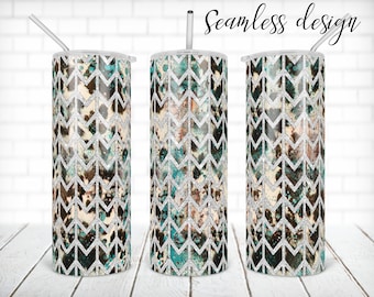 Cowhide teal silver tumbler PNG design Western rustic 20 oz skinny tumbler STRAIGHT digital wrap