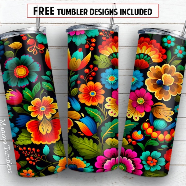 México 20 onças skinny tumbler design de sublimação Flor Mexicano floral nacional digital PNG Envoltório reto Waterslide download