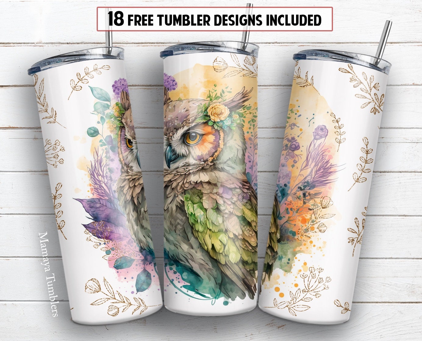 Owl 20 Oz Skinny Tumbler Sublimation Design Boho Gold Plant Wild Bird ...