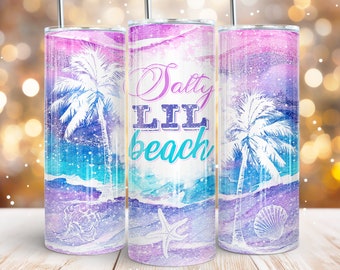 Salty lil beach 20oz skinny tumbler sublimation design Summer qoute Sea shells Palm trees Straight wrap PNG Waterslide Digital download