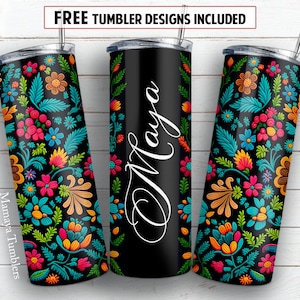 Flor bordada mexicana design de sublimação de copo magro de 20 onças Nome adicionar texto Padrão floral digital PNG Envoltório reto Waterslide download