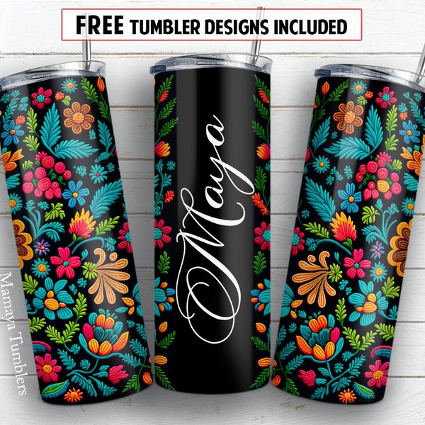 Flor bordada mexicana design de sublimação de copo magro de 20 onças Nome adicionar texto Padrão floral digital PNG Envoltório reto Waterslide download