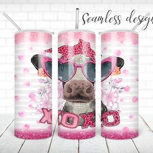 Valentinstag Kuh mit Brille und Bandana Becher PNG Design Xo xo Bauernhof Tier Blume 20 oz skinny tumbler STRAIGHT digital wrap
