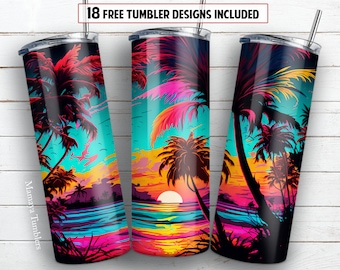 Sunset at the beach 20 oz skinny tumbler sublimation design Summer Ocean Palms watercolor digital PNG Straight wrap Waterslide download
