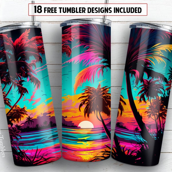 Sunset at the beach 20 oz skinny tumbler sublimation design Summer Ocean Palms watercolor digital PNG Straight wrap Waterslide download