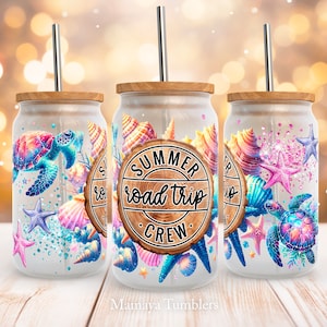 Summer road trip crew 16oz glass can sublimation design Turtle Beach Vocation quote Glass can wrap PNG Digital download