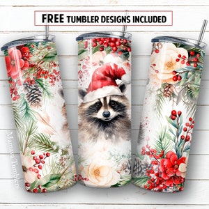 Christmas raaccoon 20oz skinny tumbler sublimation design Cute animal in Santa&#39;s hat Flowers pine tree digital PNG Straight wrap download