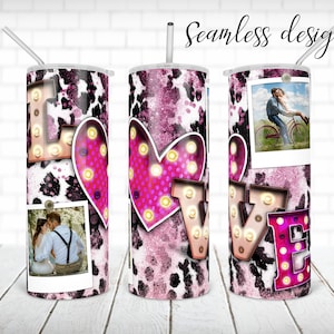 Picture frame Love heart tumbler PNG design Cowhide and pink glitter Valentine 20 oz skinny tumbler STRAIGHT digital wrap