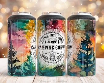 Camping crew 4 in 1 can cooler sublimation design Friends adventure Fire drinks Pine trees Straight can cooler wrap Digital design PNG