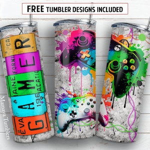 Gamer 20 oz skinny tumbler sublimation design Neon Video game controller digital PNG Straight wrap Waterslide download