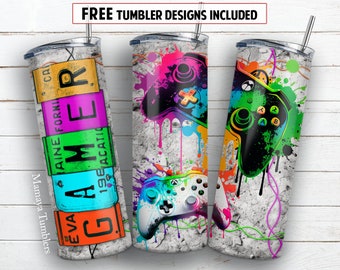 Gamer 20 oz skinny tumbler sublimation design Neon Video game controller digital PNG Straight wrap Waterslide download
