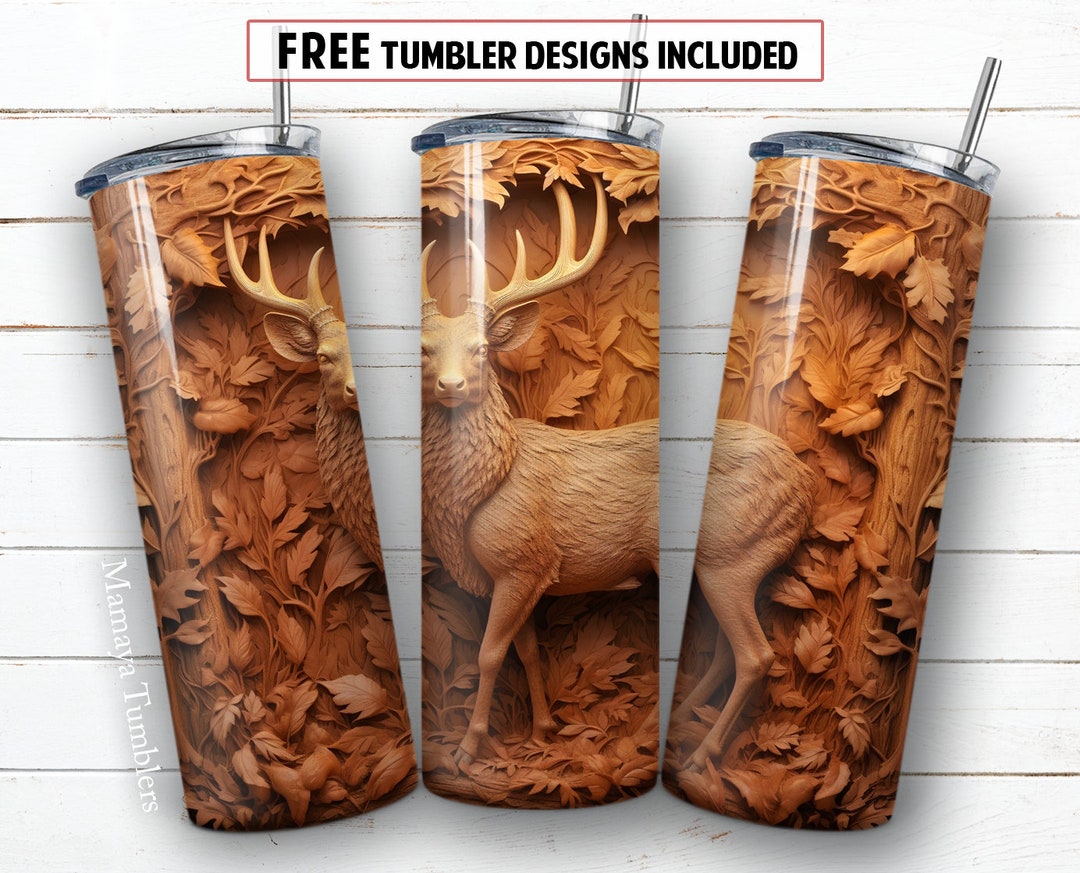3D Deer 20 Oz Skinny Tumbler Sublimation Design Wood Carved Hunting ...