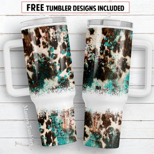 Cowhide 40 oz Quencher tumbler sublimation design Western cow print teal rustic digital PNG wrap Waterslide download