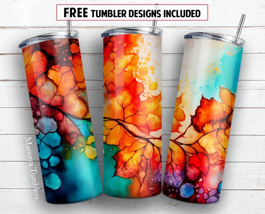 Fall 20 Oz Skinny Tumbler Sublimation Design Alcohol Ink Autumn Leaves ...