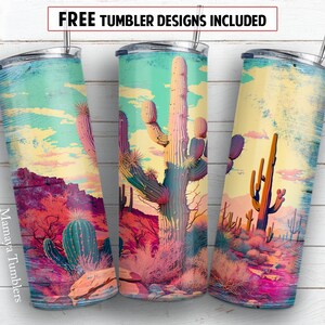 Cactus 20 oz skinny tumbler sublimation design Desert Pink Wood Western digital PNG Straight wrap Waterslide download