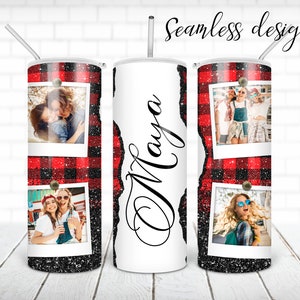 SEAMLESS buffalo plaid picture frame tumbler PNG design Christmas name glitter 20 oz skinny tumbler STRAIGHT digital wrap