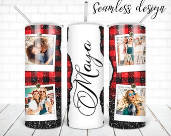 SEAMLESS buffalo plaid picture frame tumbler PNG design Christmas name glitter 20 oz skinny tumbler STRAIGHT digital wrap