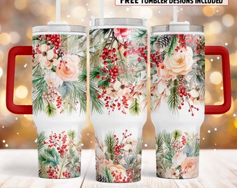 Christmas 40oz Quencher tumbler sublimation design Pine tree Flowers digital PNG wrap Waterslide download