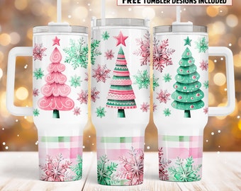 Christmas tree 40oz Quencher tumbler sublimation design Pink green snowflakes Winter digital PNG wrap Waterslide download