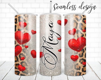 Red heart leopard tumbler PNG design Valentine's day name 20 oz skinny tumbler STRAIGHT digital wrap
