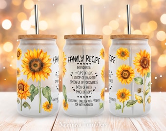 Family recipe 16oz glass can sublimation design Sunflowers Inspirational Glass can wrap PNG wrap download