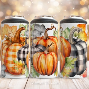 May include: Three stainless steel tumblers with a fall theme. Each tumbler features a white background with a watercolor design of pumpkins with orange, black, and white checkered patterns. The tumblers are decorated with fall leaves in shades of orange, yellow, and green.