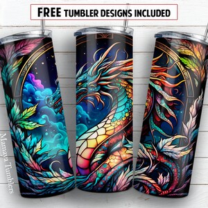 Stained glass dragon 20 oz skinny tumbler sublimation design Magical Fairy animal Abstract digital PNG Straight wrap Waterslide download