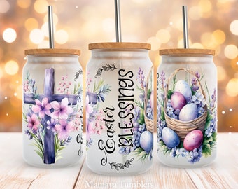 Easter blessings 16oz glass can sublimation design Christian cross Easter eggs Religious Flowers Glass can wrap PNG wrap download