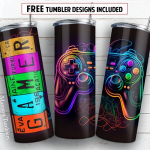 Gamer 20 oz skinny tumbler sublimation design Neon Game controller digital PNG Straight wrap Waterslide download