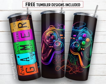 Gamer 20 oz skinny tumbler sublimation design Neon Game controller digital PNG Straight wrap Waterslide download