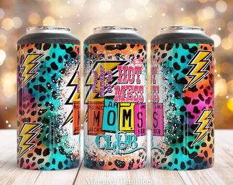 Hot mess mom's club 4 in 1 can cooler sublimation design Colorful leopard Funny can cooler wrap Digital design Staight PNG