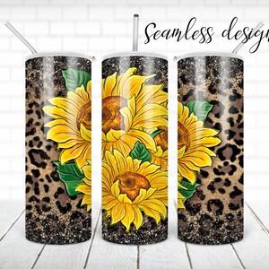 Leopard sunflower tumbler PNG design Cheetah print glitter 20 oz skinny tumbler STRAIGHT digital wrap