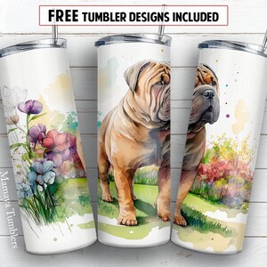Shar pei dog 20 oz skinny tumbler sublimation design Watercolor pet lover Floral digital PNG Straight wrap Waterslide download