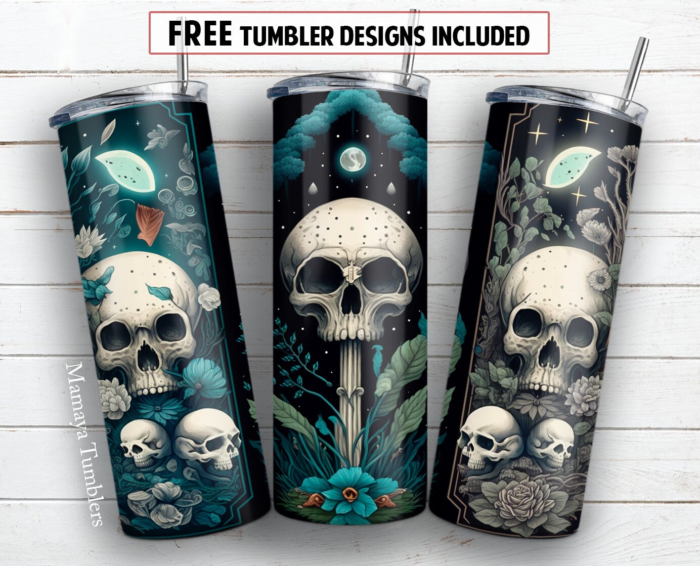 Gothic skull 20oz skinny tumbler sublimation design Magic Tarot cards Esoteric Floral Mystical digital PNG Straight wrap Waterslide download