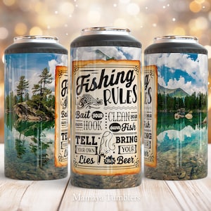Op de afbeelding: Een roestvrijstalen tumbler met een visscene en de tekst "Fishing Rules" met een lijst met regels. De regels zijn: "Bait your own hook, Clean your own fish, Tell your own lies, Bring your own beer".
