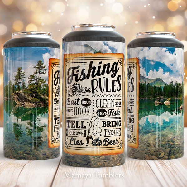 Fishing rules 4 in 1 can cooler sublimation design Lake life can cooler wrap Digital design Straight PNG