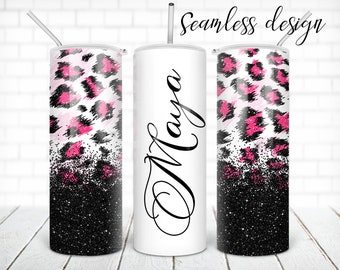 Black and pink glitter leopard tumbler PNG design Cheetah name 20 oz skinny tumbler STRAIGHT digital wrap