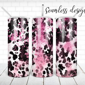 Cowhide pink glitter tumbler PNG design Western black and white cow print 20 oz skinny tumbler STRAIGHT digital wrap