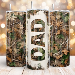 May include: Three stainless steel tumblers with a camouflage pattern and the word "DAD" on one of the tumblers.
