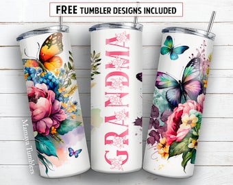 Grandma 20 oz skinny tumbler sublimation design Flowers butterfly Seamless Watercolor floral digital PNG Straight wrap Waterslide download