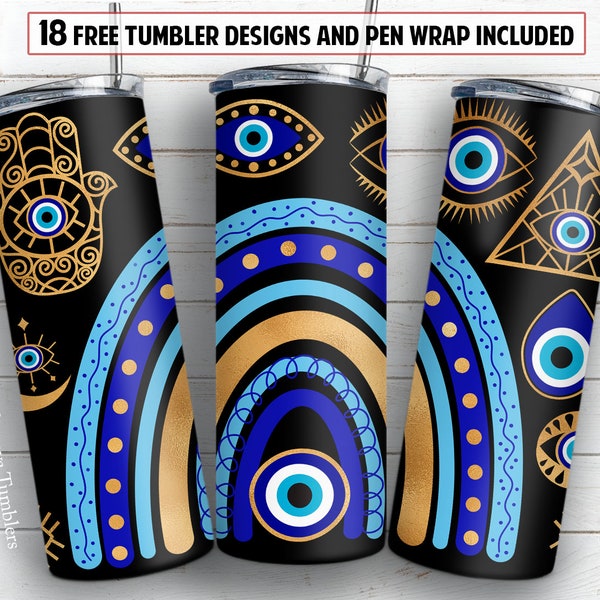 Evil eye 20 oz skinny tumbler sublimation design Blue Boho Rainbow PNG design + 30 oz tumbler template and Epoxy pen wrap design
