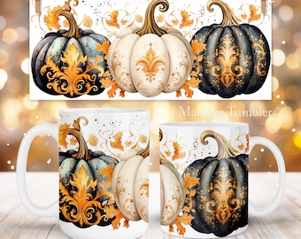 Pumpkins mug sublimation design Thanksgiving Fall Gold and black 11oz 15oz coffee cup template Wrap PNG Digital download
