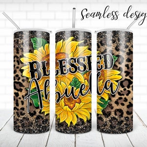 SEAMLESS blessed abuela tumbler PNG design Leopard sunflower 20 oz skinny tumbler STRAIGHT digital wrap