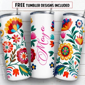 Mexican embroidery flower 20 oz skinny tumbler sublimation design Add text name Floral pattern digital PNG Straight wrap Waterslide download