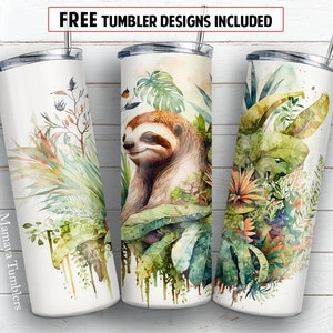 Sloth 20 oz skinny tumbler sublimation design watercolor cute animal and plants Floral exotic digital PNG Straight wrap Waterslide download