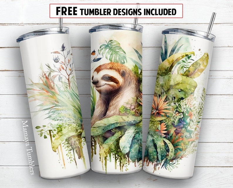 Sloth 20 Oz Skinny Tumbler Sublimation Design Watercolor Cute Animal ...