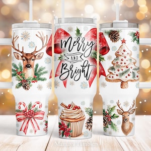 Merry and bright 40oz Quencher tumbler Sublimation design Christmas Coquette Bow Rain deer Candy cane PNG wrap Waterslide Digital download
