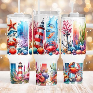 Beach Ocean 40 Unzen Quencher Becher Sublimationsentwurf Leuchtturm Fisch Sommer PNG wrap Wasserfolie Digitaler Download